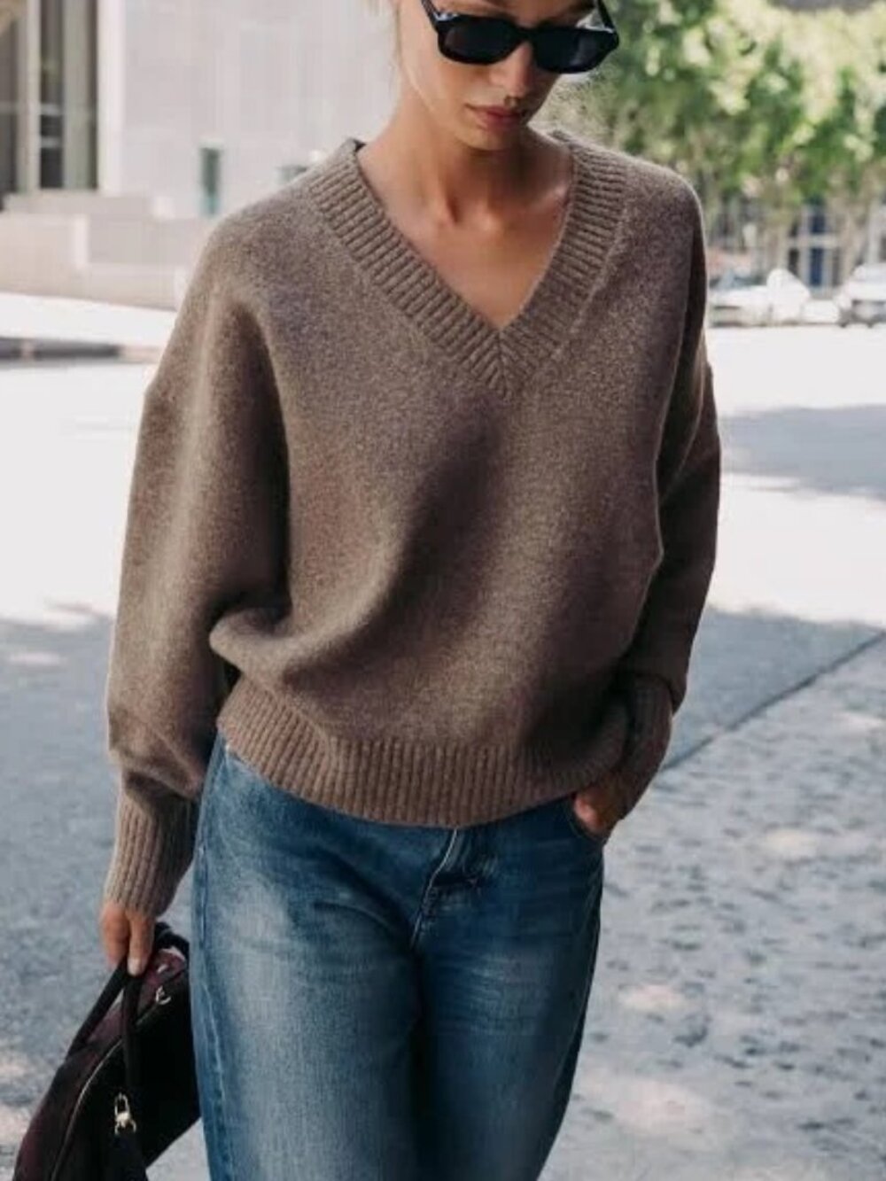 NWT Zara Brown V Neck Knit Pullover Sweater L